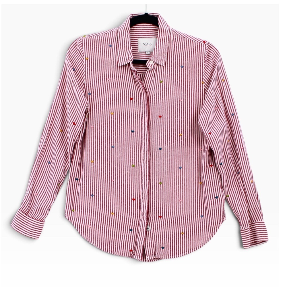 Rails Taylor Marseille Stripe Rainbow Hearts Button Down Shirt Red White Small